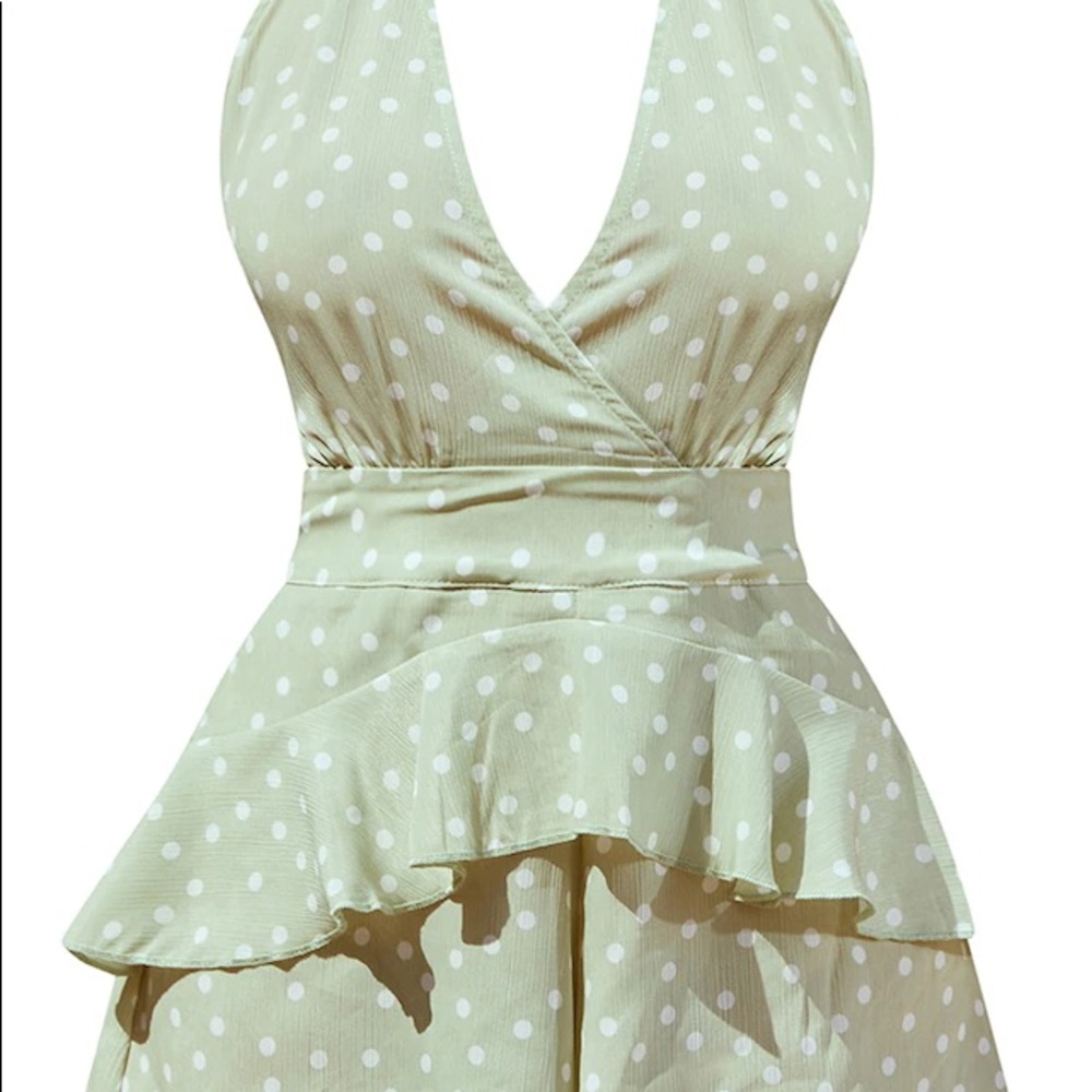 Sage green polka dot romper